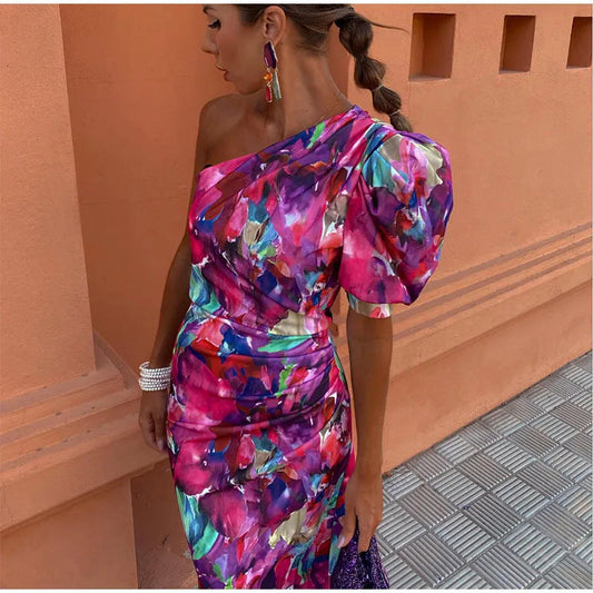 Yllana - Lila Puff-Ein-Schulter-Midi-Kleid